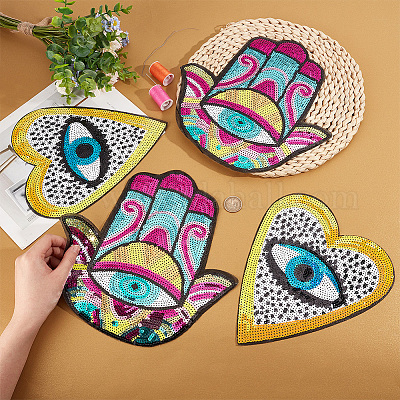 Wholesale Nbeads 4Pcs 2 Style Evil Eye Sequin Iron on/Sew on Patches 
