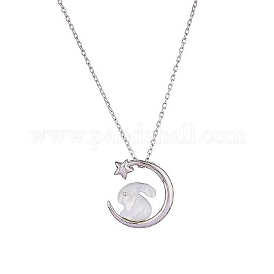 Natural Shell Bunny with Crescent Moon Pendant Necklace with Clear Cubic  Zirconia, Rhodium Plated 925 Sterling Silver 2023 New Rabbit Year Jewelry  for
