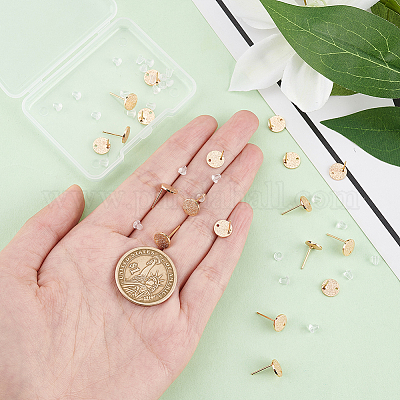 Wholesale DICOSMETIC 20Pcs Textured Flat Round Stud Golden Earring Posts  with Loop Blank Ear Stud with Loop Hole Flat Plate Earring Component with  20Pcs Ear Nuts for DIY Earring Making 