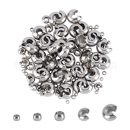 UNICRAFTALE 5 Sizes about 200pcs Open Crimp Beads 304 Stainless Steel Crimp Beads Covers Beads End Tip Metal Bead Covers Crimps for Jewelry DIY Making Stainless Steel Color STAS-UN0011-90P-1