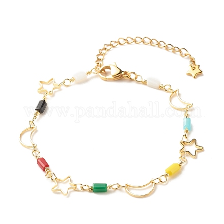 Латунный браслет-цепочка с луной и звездой и стеклянными бусинами для женщин BJEW-JB07799-1