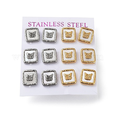 6 Pair 2 Color Square & Butterfly Natural Shell Stud Earrings EJEW-A024-04-1
