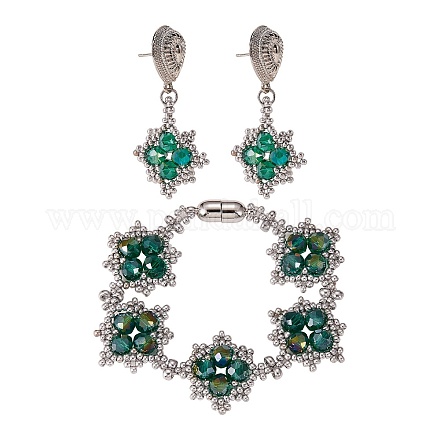 Boucles d'oreilles pendantes en forme de losange tressé en graines de verre et bracelet en perles avec fermoirs magnétiques en laiton SJEW-SW00005-1