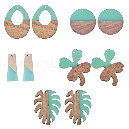 SUNNYCLUE 1 Box 10Pcs 5 Styles Resin Wood Charms with Hole Lightweight Flat Round Leaf Clover Drop Teardrop Geometric for Dangle Drop Earring Jewelry Making Supplies Craft for Women RESI-SC0001-07-1