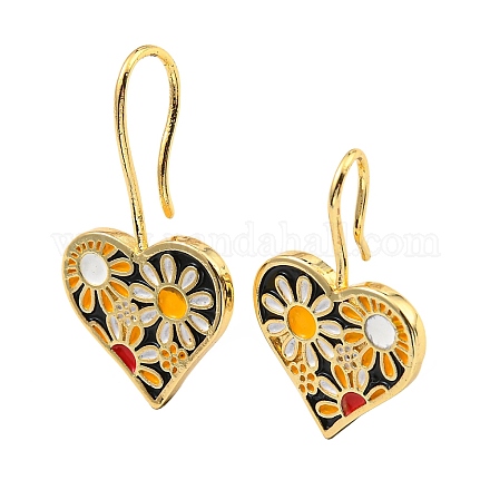 Orecchini pendenti a forma di cuore in ottone placcato a cremagliera con fiore e smalto KK-C026-11G-1