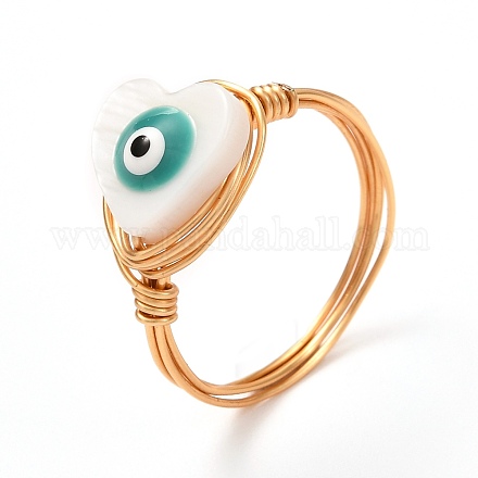 女の子の女性のためのナザールボンジュウの天然なシェルの指輪を持つ心  ゴールデンブラスリング  ホワイト  usサイズ8（18.1mm） RJEW-JR00394-01-1