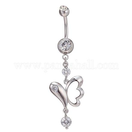 Real Platinum Plated Brass Rhinestone Butterfly Navel Ring Belly Rings AJEW-EE0001-73A-1