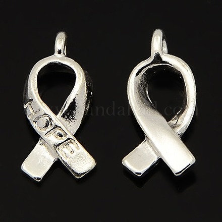 Breast Cancer Awareness Ribbon Carved Word Hope Tibetan Style Alloy Message Pendants TIBEP-S278-S-LF-1