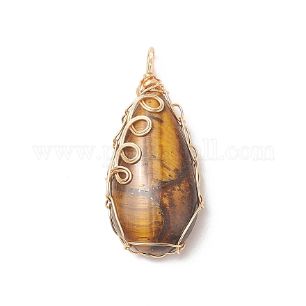 Natural Tiger Eye Copper Wire Wrapped Pendants PALLOY-JF02016-02-1