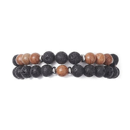 2 pièces 2 style bois naturel et roche de lave ensemble de bracelets extensibles perlés ronds pour femmes BJEW-JB09381-04-1