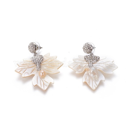 Orecchini pendenti con conchiglia naturale e perle a tema autunnale EJEW-F218-22P-1