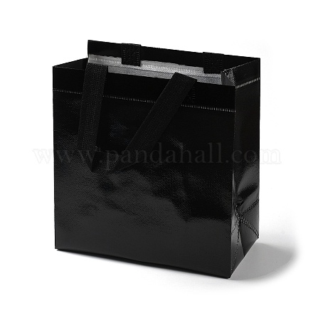 ハンドル付き不織布再利用可能な折りたたみ式ギフトバッグ  ギフト包装用のポータブル防水ショッピングバッグ  長方形  ブラック  11x21.5x22.5cm  折りたたみ：28x21.5x0.1cm ABAG-F009-A03-1