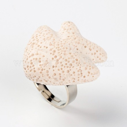 調整可能な魚の溶岩岩の宝石用原石の指輪  プラチナメッキ真鍮パーツ  ホワイト  19mm RJEW-I015-02-1