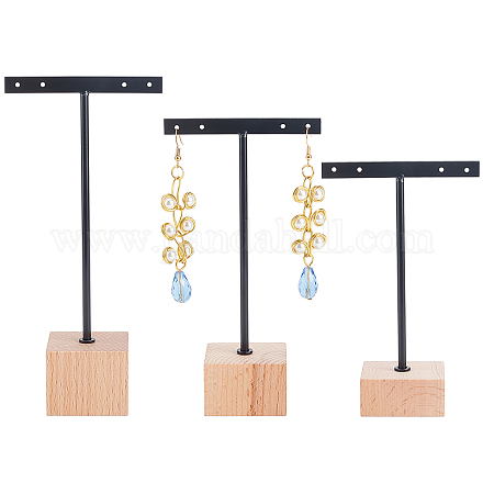 FINGERINSPIRE 3 Pcs Black Metal T Bar Earring Display Stand with Wooden Square Base 4 Holes Earrings T Stand Hanging Earring Organizer for Store Retail Photography Props（12 & 14 & 16 cm Height） EDIS-WH0006-23-1
