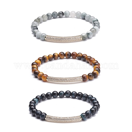 Комплект круглых браслетов из натуральных бусин тигровый и соколиный глаз BJEW-JB07151-1