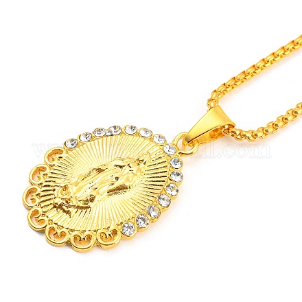 Oval with Virgin Mary Cubic Zirconia Pendant Necklaces with Zinc Alloy Box Chains NJEW-E101-02G-1