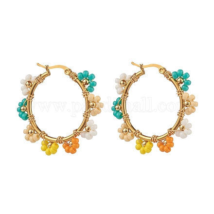 Boucles d'oreilles créoles huggie couronne de perles de verre pour femmes EJEW-TA00030-1