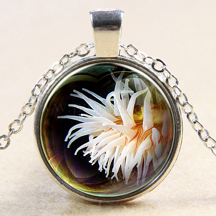 Glass Fantasy Underwater World White Sea Urchin Time Gem Pendant Necklaces NJEW-N0051-001U-02-1
