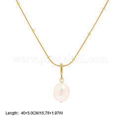 Elegantes collares colgantes de arroz con perlas naturales de agua dulce y cadena de acero inoxidable 304 para mujer., blanco floral, real 18k chapado en oro, 15.75 pulgada (40 cm)