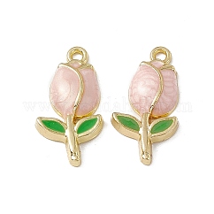 Colgantes de esmalte de aleación, dorado, dije de tulipán, rosa brumosa, 22.5x11.5x3.5mm, agujero: 1.6 mm