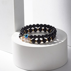 Ensembles de bracelets extensibles en pierre noire et perles de bois&nbsp;BJEW-JB07736