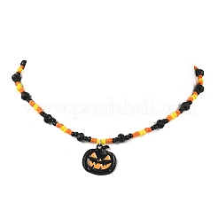 Halloween-Halsketten mit schwarzem Emaille-Kürbisschädel und Katzenform&nbsp;NJEW-JN05579