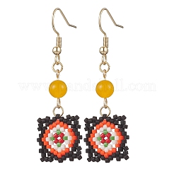 Boucles d'oreilles pendantes à motif de treillis de fenêtre en perles de verre faites à la main&nbsp;EJEW-MZ00560-01
