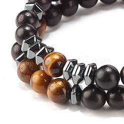 2 Uds 2 estilos de madera natural y ojo de tigre y pulseras elásticas de hematita sintética&nbsp;BJEW-JB07940