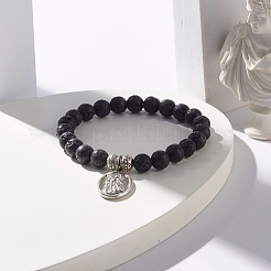 Bracciale elasticizzato con perline rotonde in pietra lavica naturale&nbsp;BJEW-JB07461