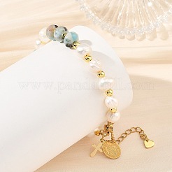Pulseras de cuentas de larimar natural en forma de rondel y perlas cultivadas de agua dulce naturales de patata.&nbsp;BJEW-JB14435