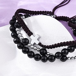 Bracelets tressés ajustables en obsidienne naturelle et hématite&nbsp;BJEW-U035-01A