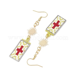 Boucles d'oreilles pendantes en forme de rectangle avec perles de verre en forme de croix&nbsp;EJEW-MZ00412-02