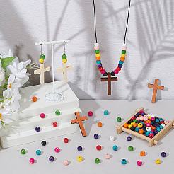 DIY-Sets zur Herstellung runder Halsketten aus Naturholzperlen und Kreuzanhängern&nbsp;DIY-PH0029-12