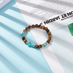 Ojo de tigre natural y pulsera de cuentas cruzadas de turquesa sintética (teñida)&nbsp;BJEW-TA00179-01