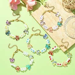 Bracciale con perline di vetro a forma di fiore e farfalla con fermagli in acciaio inossidabile 304&nbsp;BJEW-JB09585