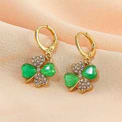 Trèfle à quatre feuilles boucles d'oreilles alliage huggie boucles d'oreilles vert trèfle boucles d'oreilles strass boucles d'oreilles st patrick's day oreille bijoux cadeau pour les femmes&nbsp;JE1083A