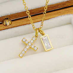 Collane con ciondolo a croce e rettangolo in acciaio inossidabile 304 con pavé di zirconi cubici&nbsp;WG51992-02