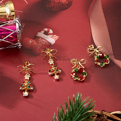 2 Paar 2 Stile Bowknot mit Kranz & Weihnachtsbaum Legierung Glas baumeln Ohrstecker&nbsp;EJEW-TA00699