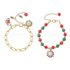 2 set di 2 braccialetti con ciondoli in lega smaltata a tema natalizio e braccialetti con catena a graffetta in ferro&nbsp;BJEW-JB12443-02