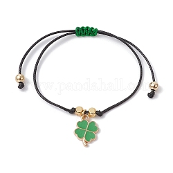 Bracelet à breloques trèfle en alliage émaillé, bracelet réglable tressé, verte, diamètre intérieur: 3-3/8 pouce (8.6 cm)