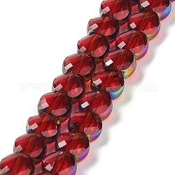 Placcare trasparente perle di vetro fili, perline con bordo placcato arcobaleno, tondo piatto sfaccettato, firebrick, 5.5~6x6~7x3.5~4.5mm, Foro: 1~1.2 mm, circa 100pcs/filo, 20.79'' (52.8 cm)