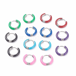 Two Tone 304 Stainless Steel Chunky Huggie Hoop Earrings with Enamel for Women, Stainless Steel Color, Mixed Color, 10 Gauge, 15~16x2.5mm, Pin: 1mm