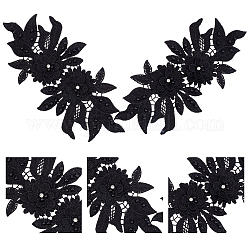 Polyester bestickter floraler Spitzenkragen, Ausschnitt Kleidung nähen Applikation Kante, mit abs-Kunststoffimitatperle, Schwarz, 180x360x6 mm