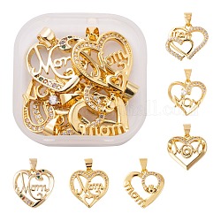 6Pcs 6 Style Brass Micro Pave Clear Cubic Zirconia Pendants, with Snap on Bails, for Mother's Day, Long-Lasting Plated, Heart with Word Mom, Real 18K Gold Plated, 16.5~18x17.5~19x2~4mm, Hole: 3.5~5x4mm, 1pc/style