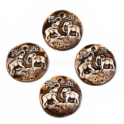 Handgefertigte Porzellan große Anhänger, flach rund mit Elefantenmuster, Sattelbraun, 48.5~51x10~11 mm, Bohrung: 4.5 mm