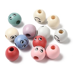 Perles européennes en bois naturel peintes à la bombe, rond d'émotion, couleur mixte, 13.5~14x13mm, Trou: 5mm, environ 625 pcs/500 g