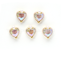 Cabujones de latón, con vidrio y perlas de imitación de plástico abs, accesorios de la decoración del arte del clavo, corazón, claro ab, 13.5x12x5.5mm