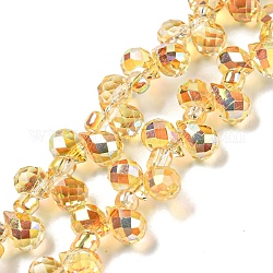 Chapelets de perles en verre transparent électrolytique, demi arc-en-ciel plaqué, larme à facettes, top foré, or, 6x4mm, Trou: 0.8mm, Environ 97~102 pcs/chapelet, 10.63''~14.80'' (27~37.6 cm)