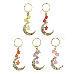 Porte-clés pendentif lune creuse en alliage de style tibétain, avec breloque étoile en acrylique et porte-clés fendus en fer, couleur mixte, 9.2 cm
