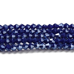 Brins de perles de verre galvanisées de couleur unie opaque, perle plaquée lustre, facette, Toupie, bleu foncé, 4x4mm, Trou: 0.8mm, Environ 87~98 pcs/chapelet, 12.76~14.61 pouce (32.4~37.1 cm)